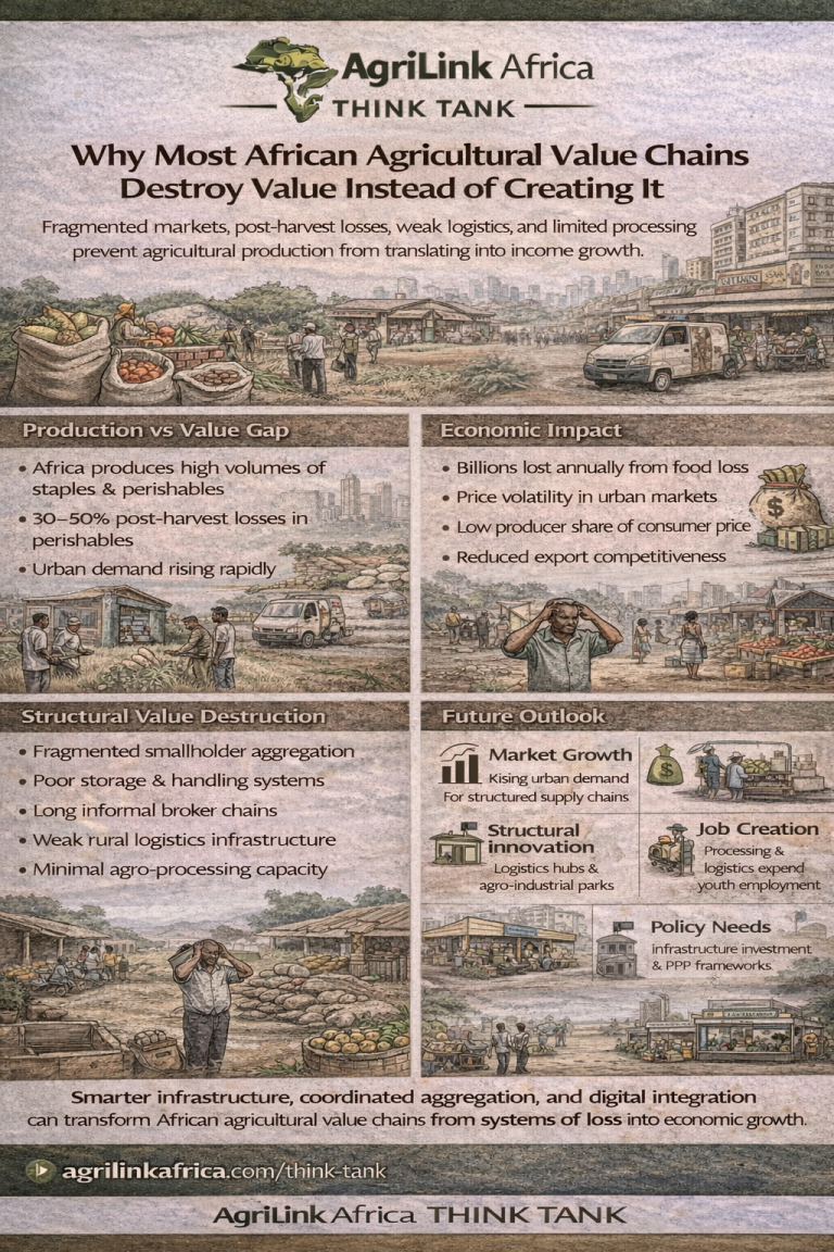 Infographic explaining why most African agricultural value chains destroy value due to post-harvest losses, weak logistics, fragmented aggregation, and limited agro-processing.