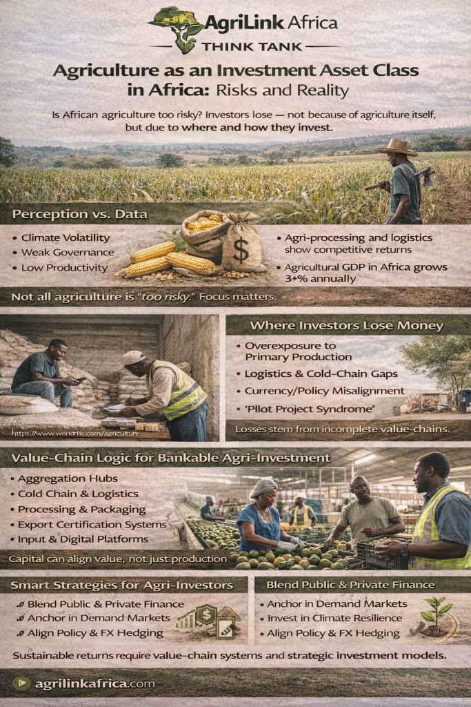 Visual infographic explaining agriculture as an investment asset class in Africa, highlighting risks, value-chain investment logic, blended finance models, and strategic investor principles.