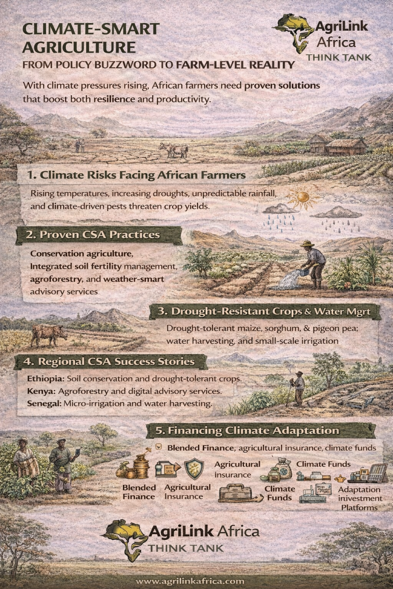Climate-Smart Agriculture practices in Africa including drought-resistant crops, water management, regional CSA examples, financing adaptation – AgriLink Africa Think Tank