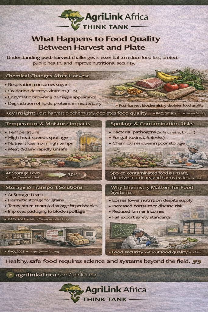 Food quality between harvest and plate showing post-harvest losses, storage, transport, and contamination risks in African food systems