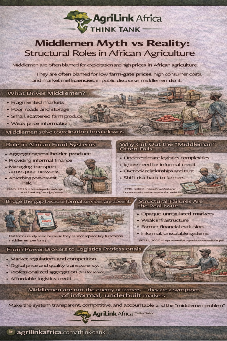 Middlemen in African agriculture performing aggregation, transport, and risk management within fragmented food markets