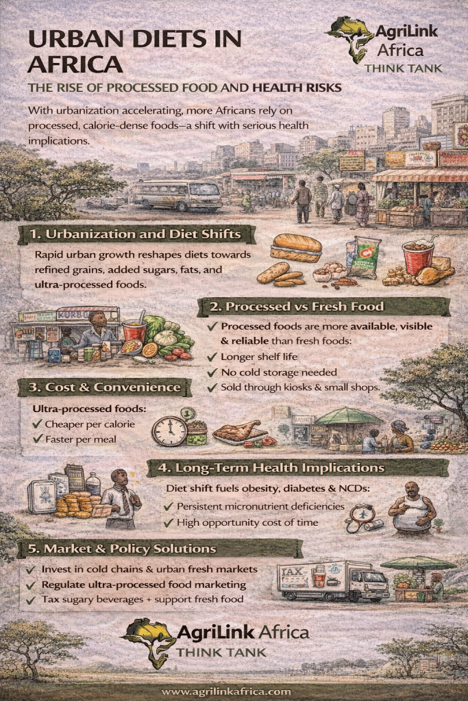 Urban diets in Africa showing the rise of processed foods, reduced fresh food access, health risks, and policy solutions – AgriLink Africa Think Tank