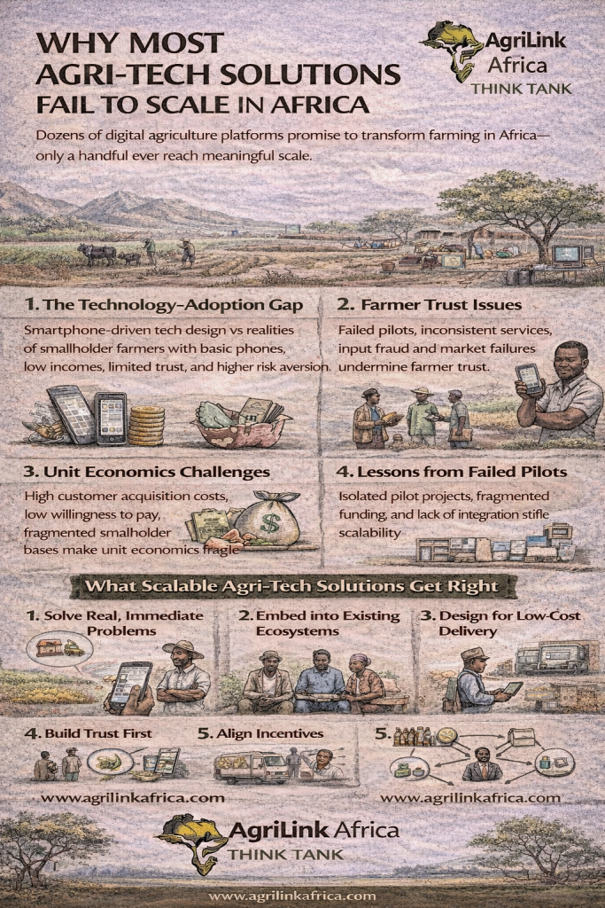 Agri-tech solutions in Africa showing why most fail to scale, including adoption gaps, trust issues, weak unit economics, and scalable system-based models – AgriLink Africa Think Tank