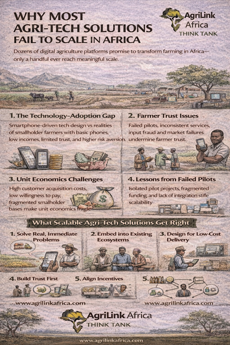 Agri-tech solutions in Africa showing why most fail to scale, including adoption gaps, trust issues, weak unit economics, and scalable system-based models – AgriLink Africa Think Tank