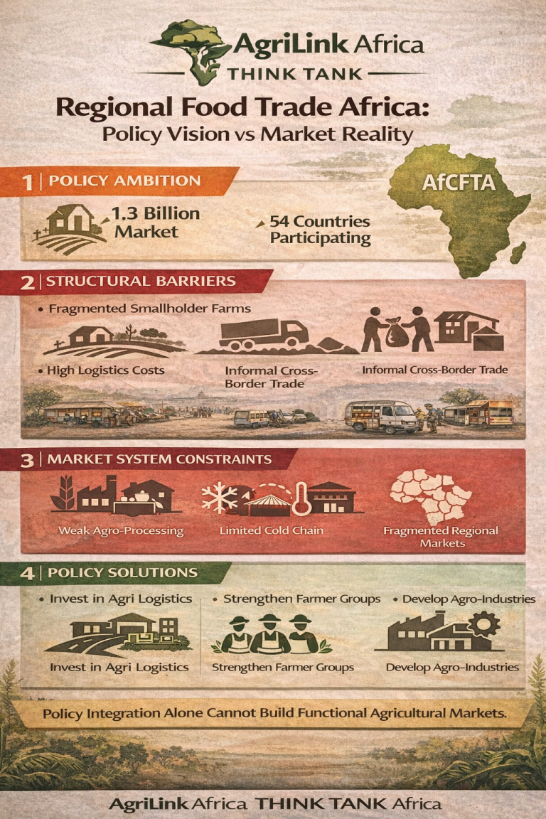 African agricultural value chain infographic showing how fragmented logistics, post-harvest losses, and inefficient markets destroy value across food systems.