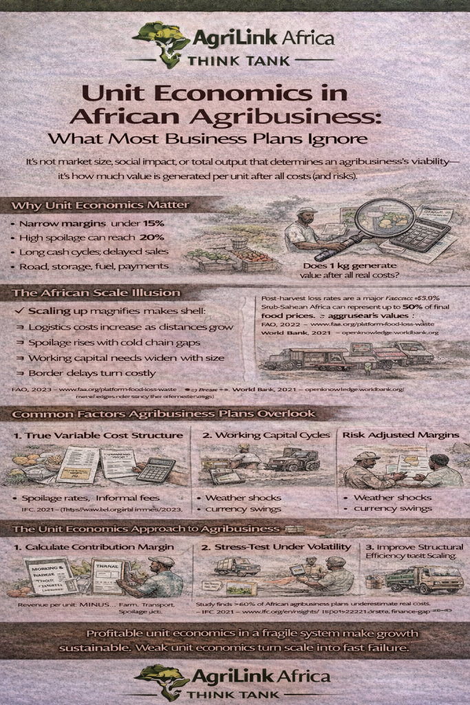 Infographic explaining unit economics in African agribusiness including cost structures, logistics costs, working capital cycles, and profitability challenges in agricultural value chains across Africa.