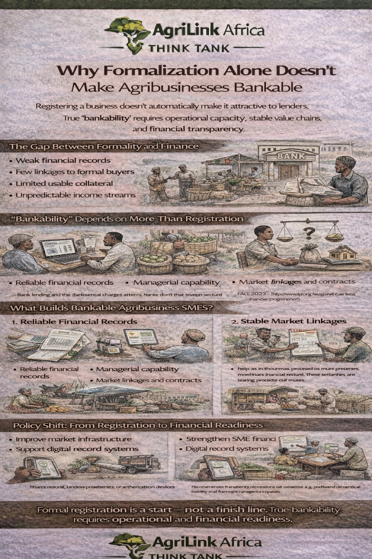 Agribusiness bankability in Africa infographic explaining why formalization alone does not make agribusinesses bankable and highlighting financial readiness, market linkages, and value chain integration.