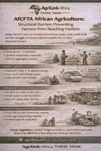 AfCFTA African agriculture infographic showing structural barriers preventing farmers from accessing regional markets including fragmented farms, high logistics costs, informal trade, and weak value chains.
