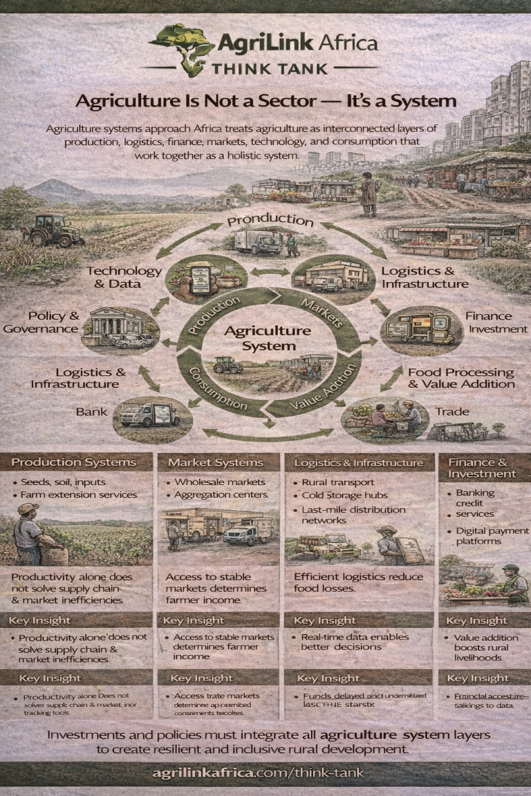 Infographic explaining the agriculture system approach in Africa showing connections between farmers, logistics, markets, cold chain infrastructure, and digital platforms across the agricultural value chain.