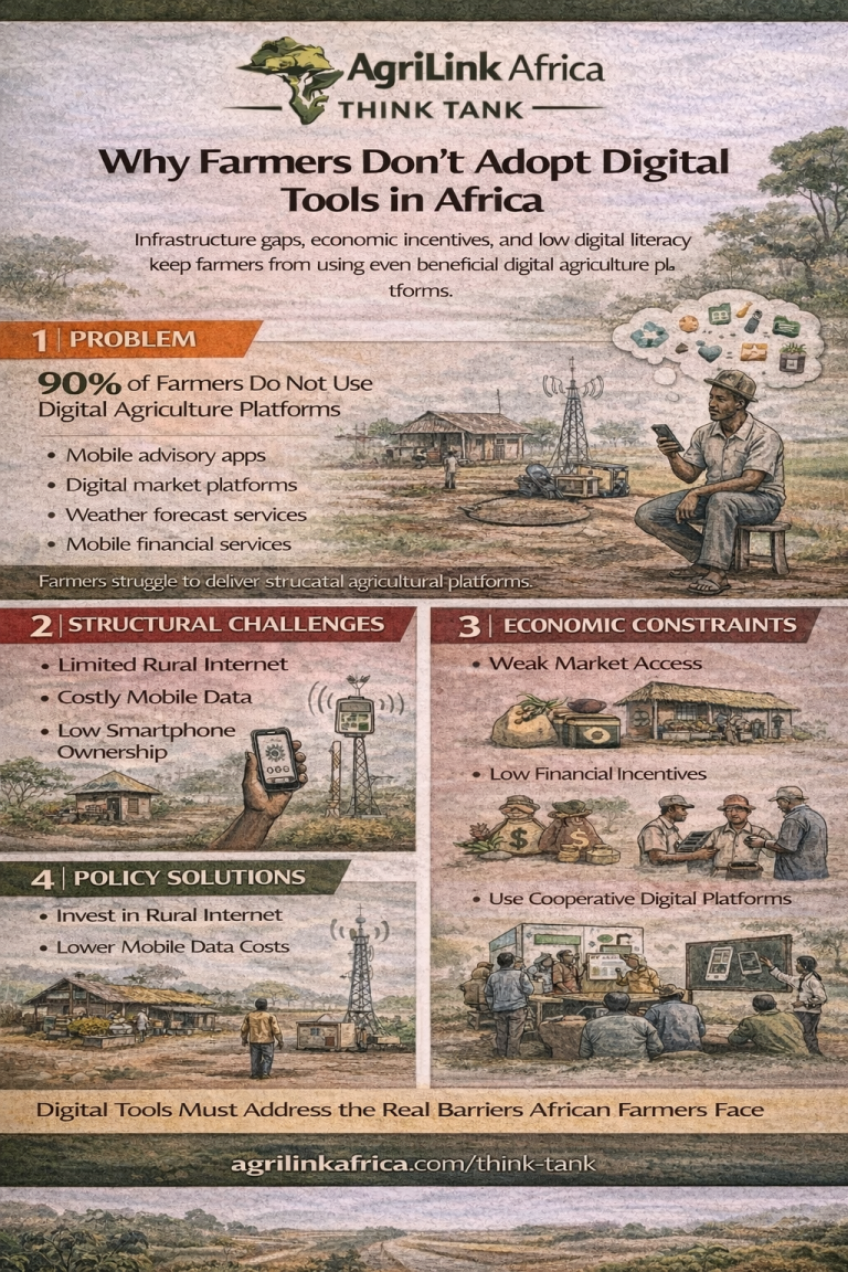 Digital tool adoption farmers Africa infographic explaining why African farmers do not adopt digital agriculture tools due to infrastructure gaps, weak incentives, and low digital literacy.