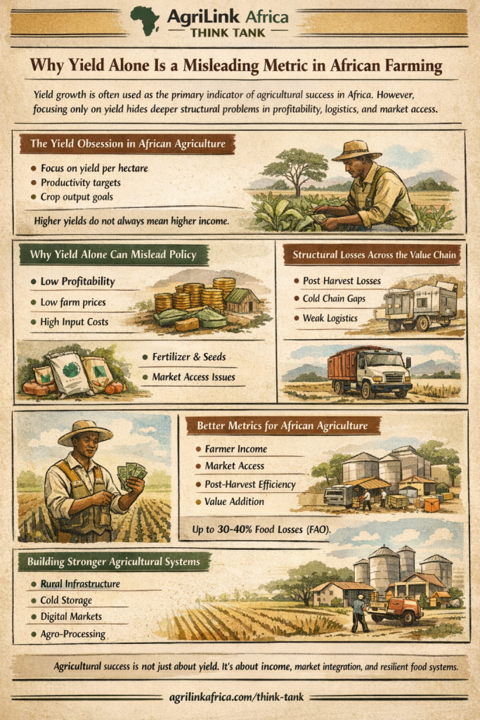Farming yield metrics Africa infographic explaining why yield alone is a misleading agricultural success indicator and highlighting better metrics like farmer income, market access, and value chain efficiency.