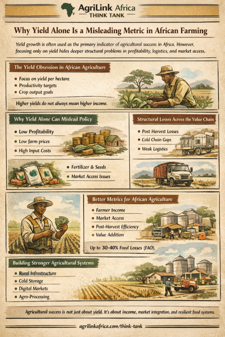 Farming yield metrics Africa infographic explaining why yield alone is a misleading agricultural success indicator and highlighting better metrics like farmer income, market access, and value chain efficiency.
