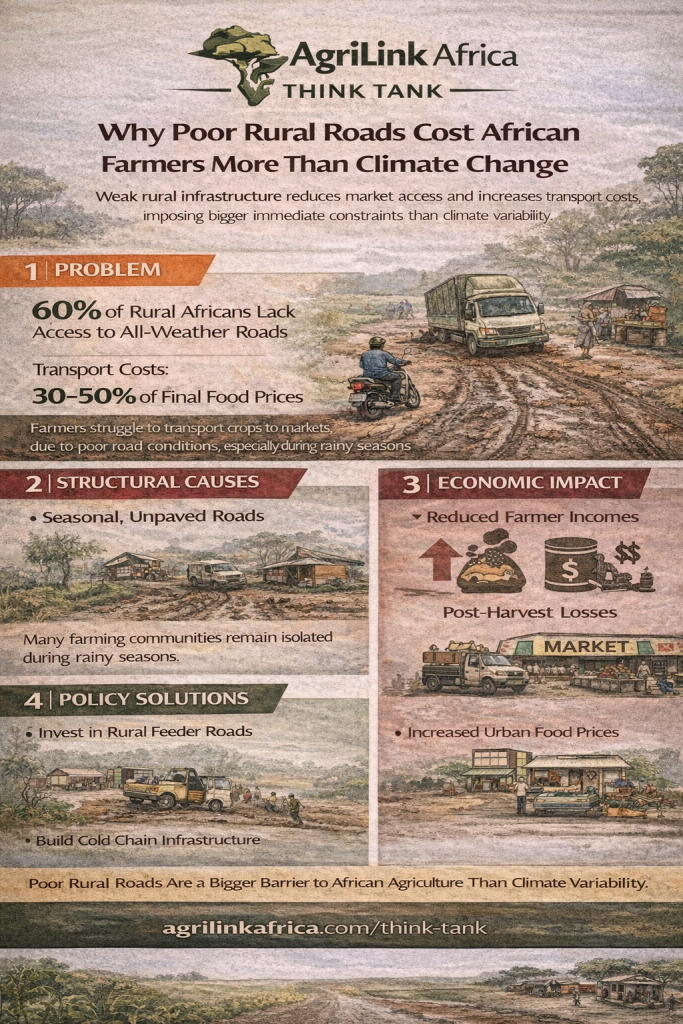 Rural infrastructure African agriculture infographic explaining how poor rural roads, transport costs, and logistics barriers reduce farmer income and limit market access across Africa.