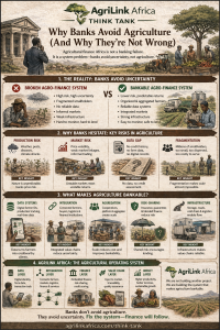 Why banks avoid agriculture in Africa infographic showing system risks and solutions