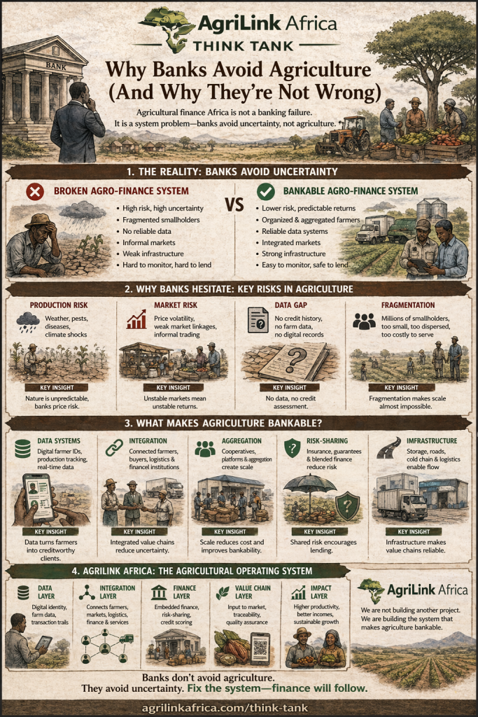 Why banks avoid agriculture in Africa infographic showing system risks and solutions