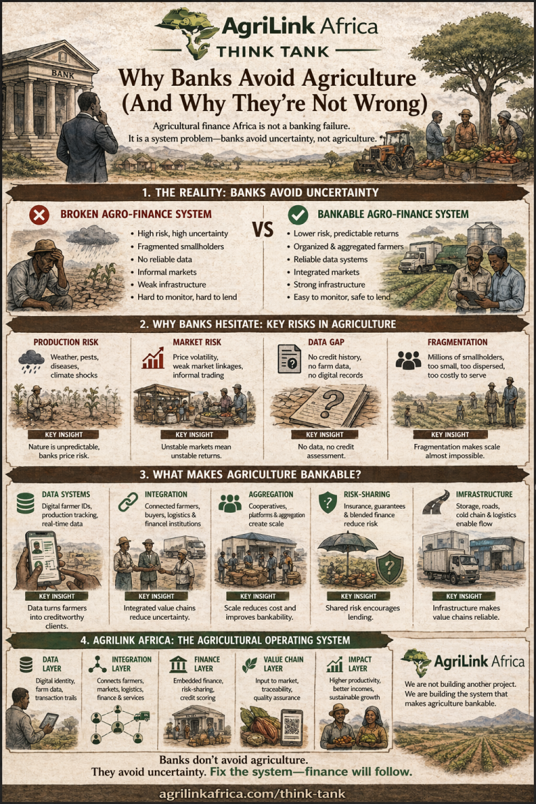 Why banks avoid agriculture in Africa infographic showing system risks and solutions