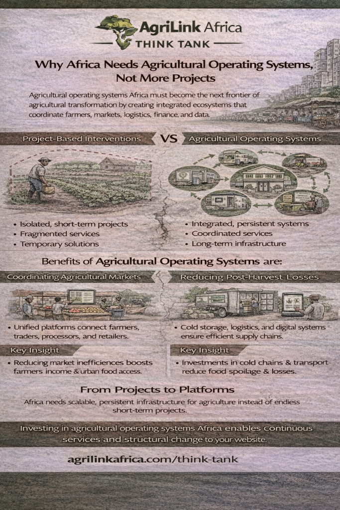 Infographic explaining agricultural operating systems in Africa showing integrated digital platforms connecting farmers, markets, logistics networks, cold chain infrastructure, and agricultural data systems.