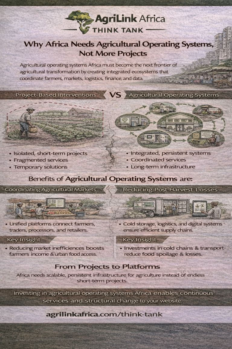 Infographic explaining agricultural operating systems in Africa showing integrated digital platforms connecting farmers, markets, logistics networks, cold chain infrastructure, and agricultural data systems.