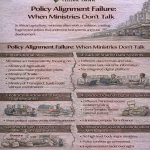 Infographic explaining policy alignment in Africa showing how lack of coordination between ministries leads to fragmented agricultural systems, weak data sharing, and inefficient food supply chains.